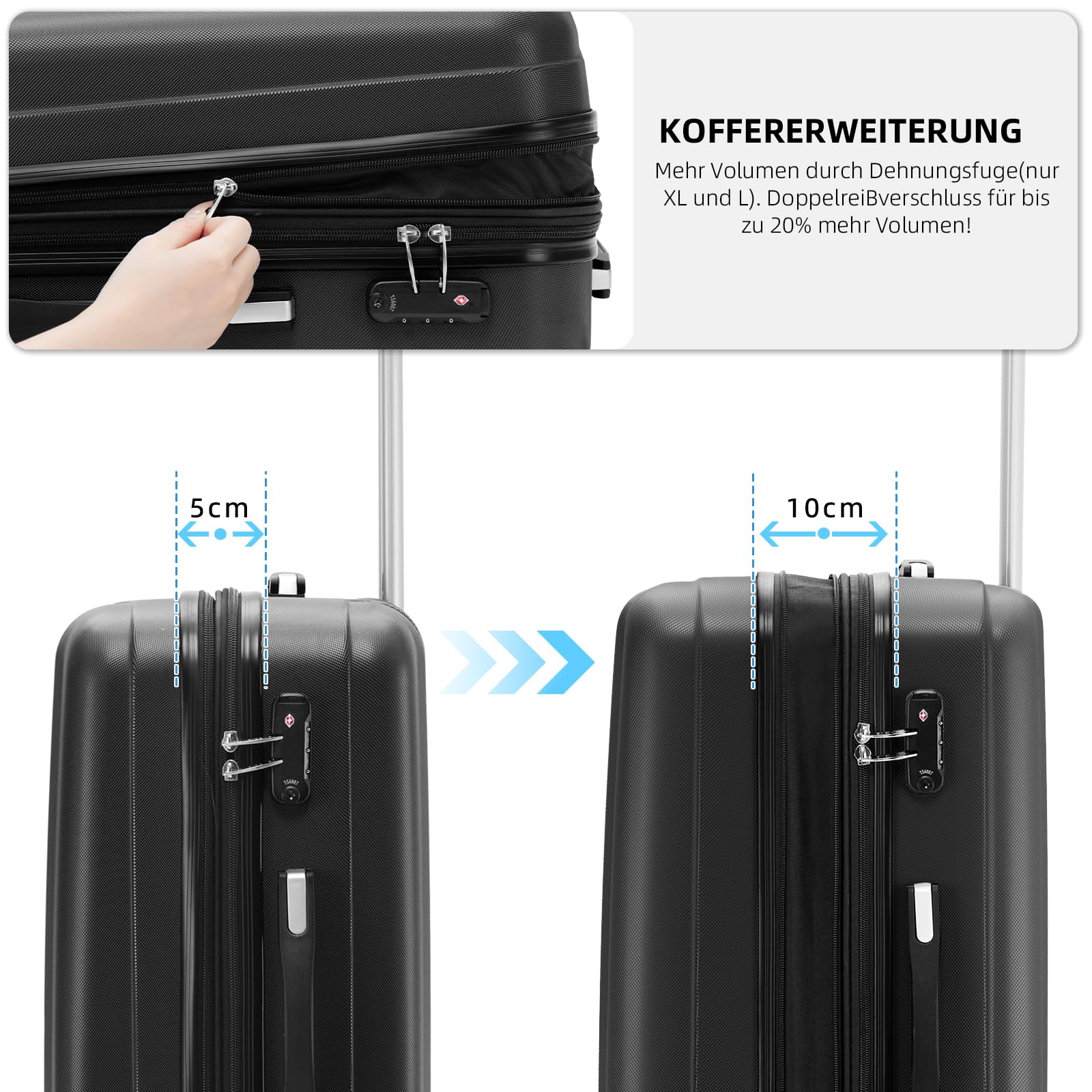 BEIBYE TSA-Schloß 2080 Zwillingsrollen 3 TLG. Reisekofferset Koffer Kofferset Trolley Trolleys Hartschale (Schwarz)