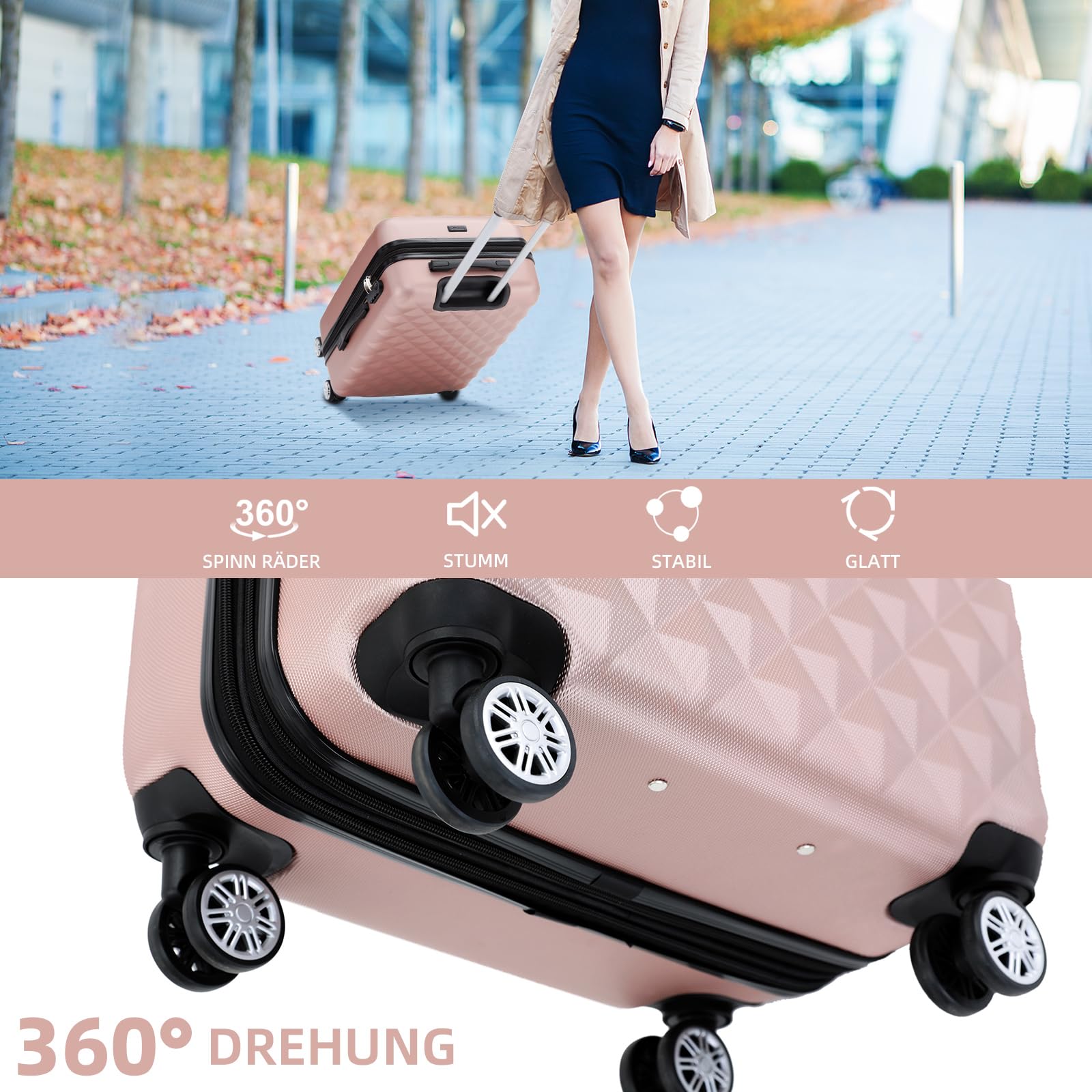 BEIBYE Zwillingsrollen 2066 Hartschale Trolley Koffer Reisekoffer Gepäck M-L-XL-Set (Rosa Gold, M)