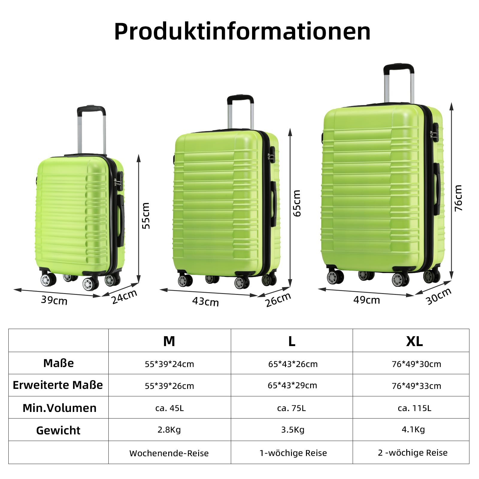 BEIBYE Hartschalen Koffer Trolley Rollkoffer Reisekoffer Zwillingsrollen Kofferset (Grün, Set)
