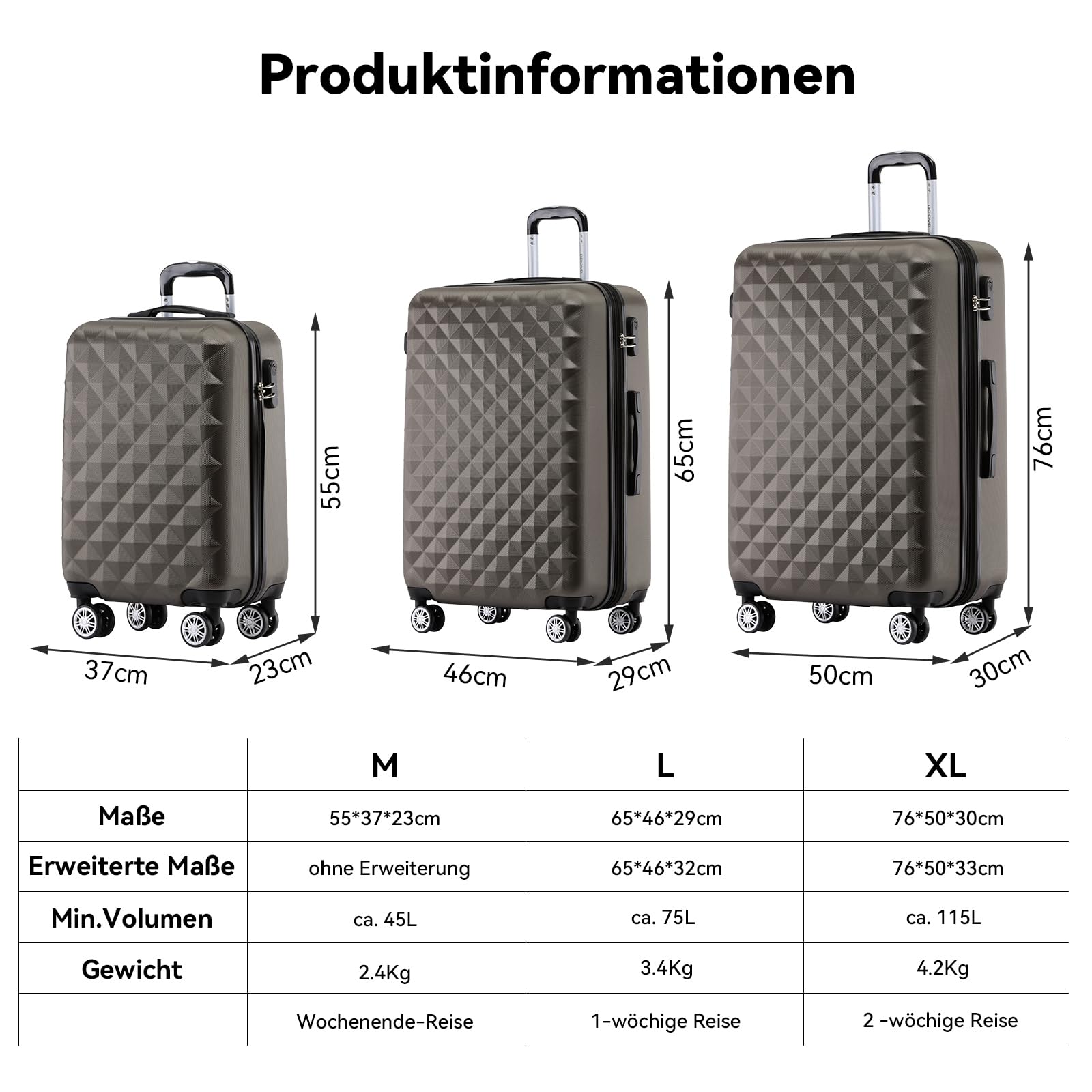 BEIBYE Trolley Koffer Reisekoffer Reisekofferset Gepäckset Kofferset 4 Zwillingsrollen Hartschale (Coffee)