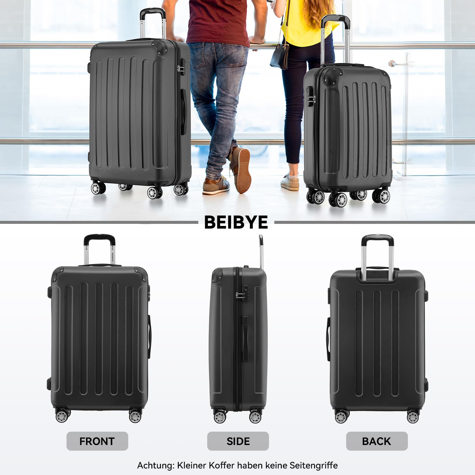 BEIBYE 2045 Zwillingsrollen 3tlg. Reisekoffer Koffer Kofferset Trolleys Hartschale in 20 Farben (Schwarz)