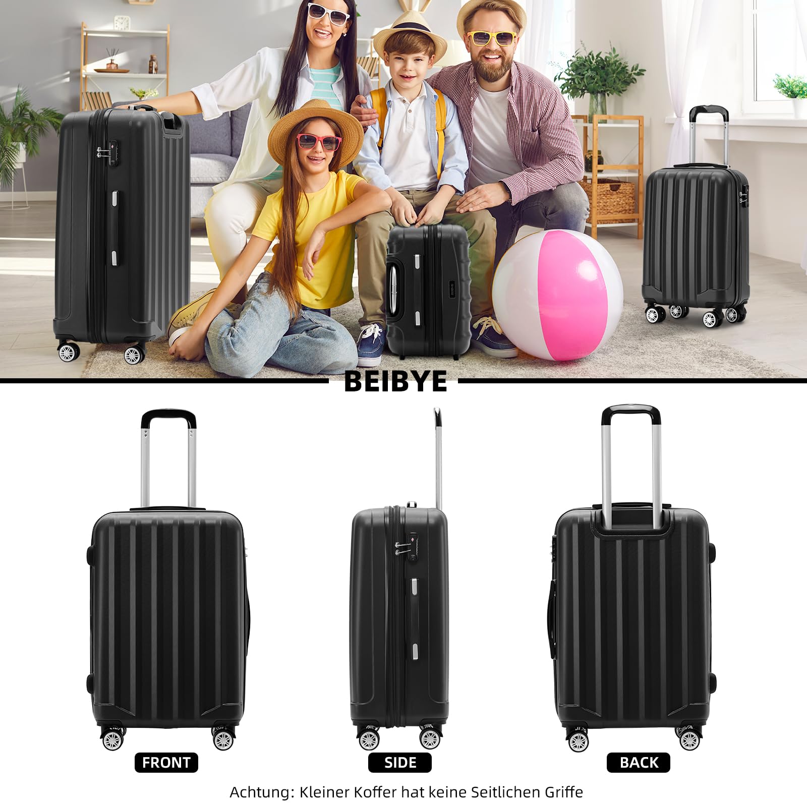 BEIBYE TSA-Schloß 2080 Zwillingsrollen 3 TLG. Reisekofferset Koffer Kofferset Trolley Trolleys Hartschale (Schwarz)