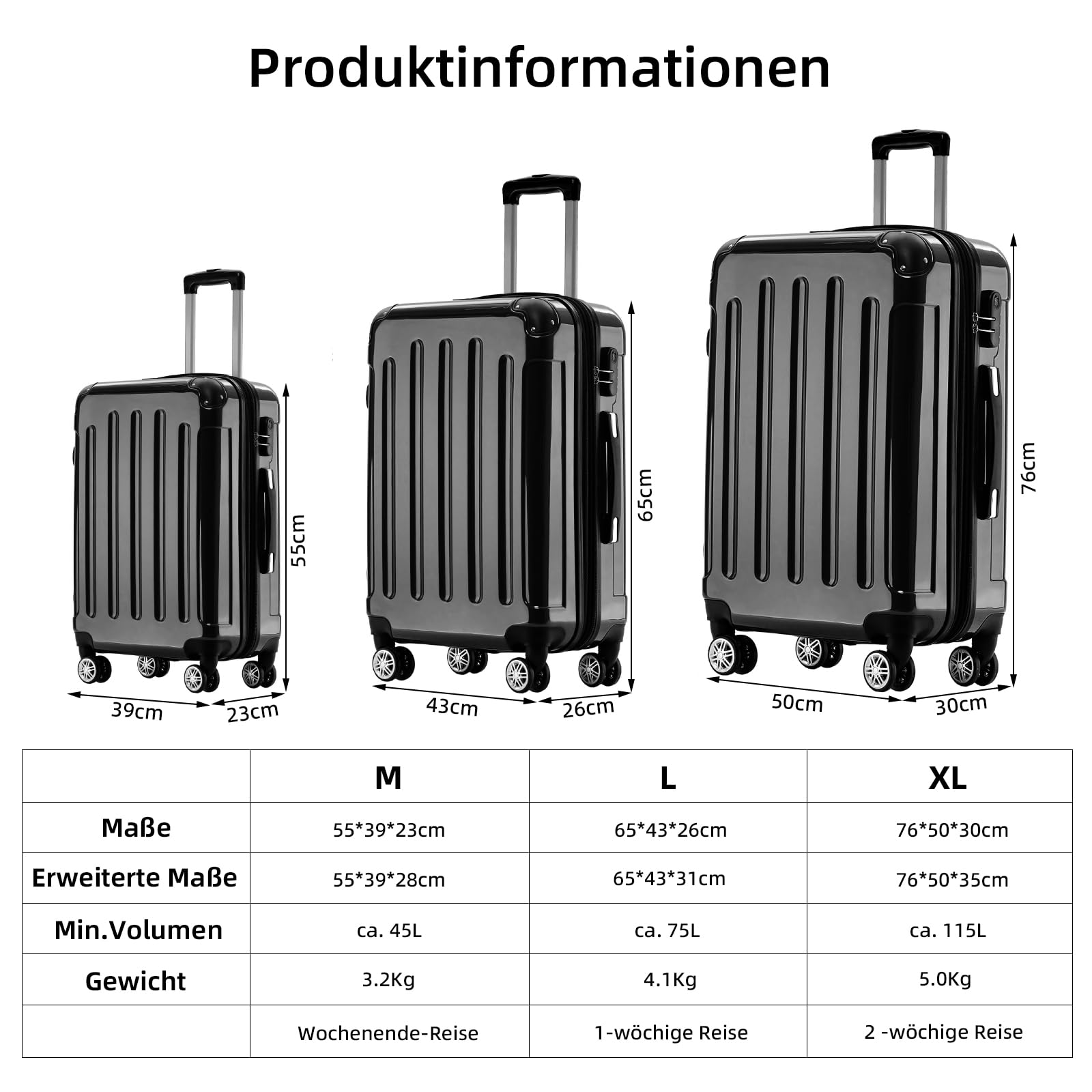 BEIBYE Zwillingsrollen 2048 Hartschale Trolley Koffer Reisekoffer in M-L-XL-Set in 15 Farben (Schwarz, L)