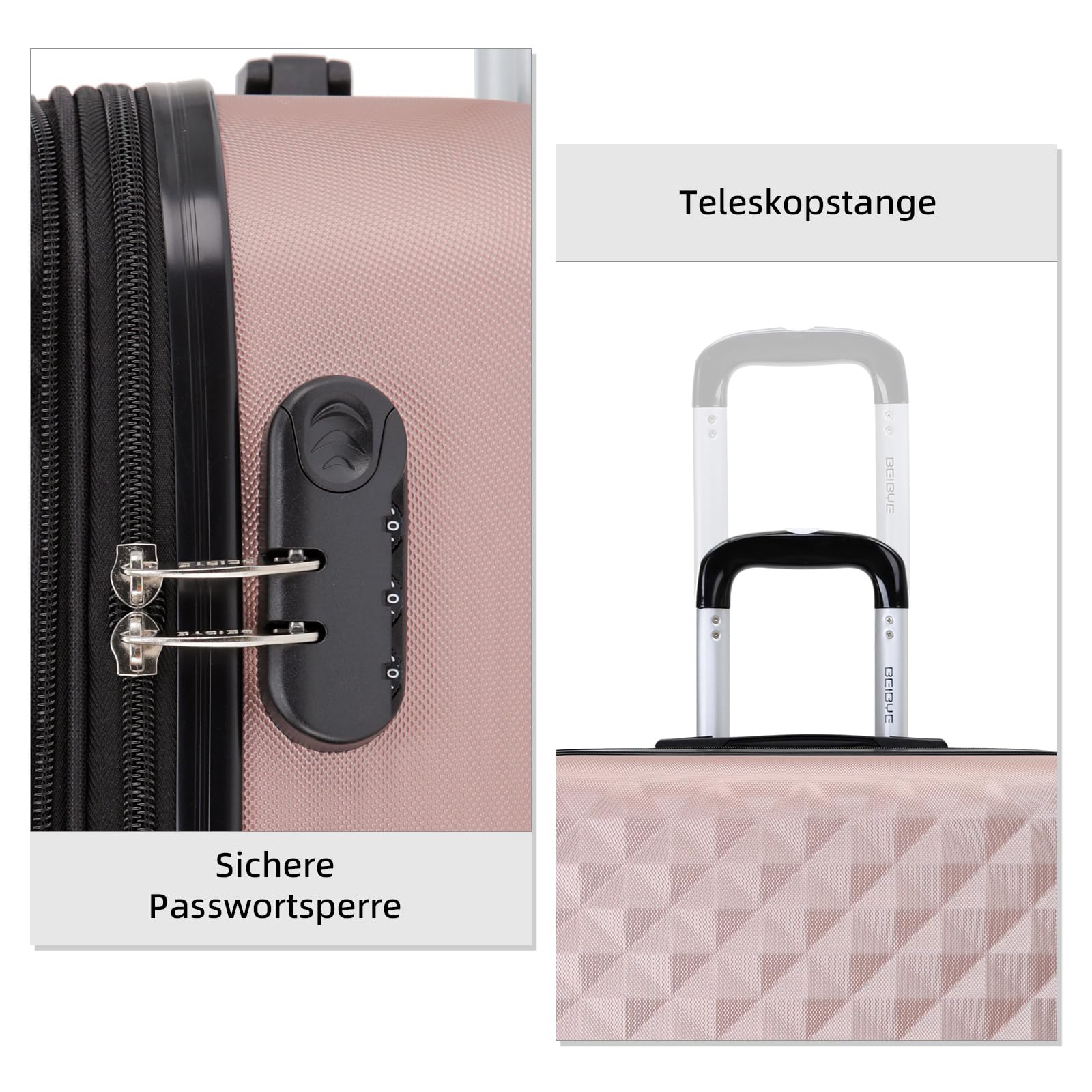 BEIBYE Zwillingsrollen 2066 Hartschale Trolley Koffer Reisekoffer Gepäck M-L-XL-Set (Rosa Gold, M)