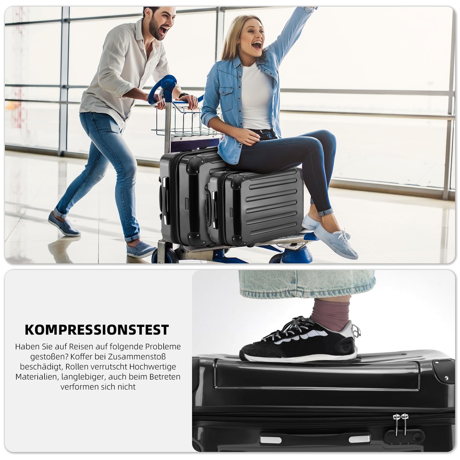 BEIBYE Zwillingsrollen 2048 Hartschale Trolley Koffer Reisekoffer in M-L-XL-Set in 15 Farben (Schwarz, L)