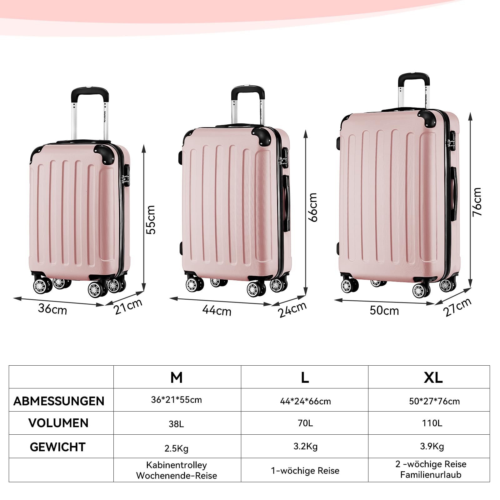 BEIBYE- Hartschalenkoffer Koffer Trolley Rollkoffer Reisekoffer Zahlenschloß 4 Zwilings-Rollen (Rosa-Gold, Small-55cm)