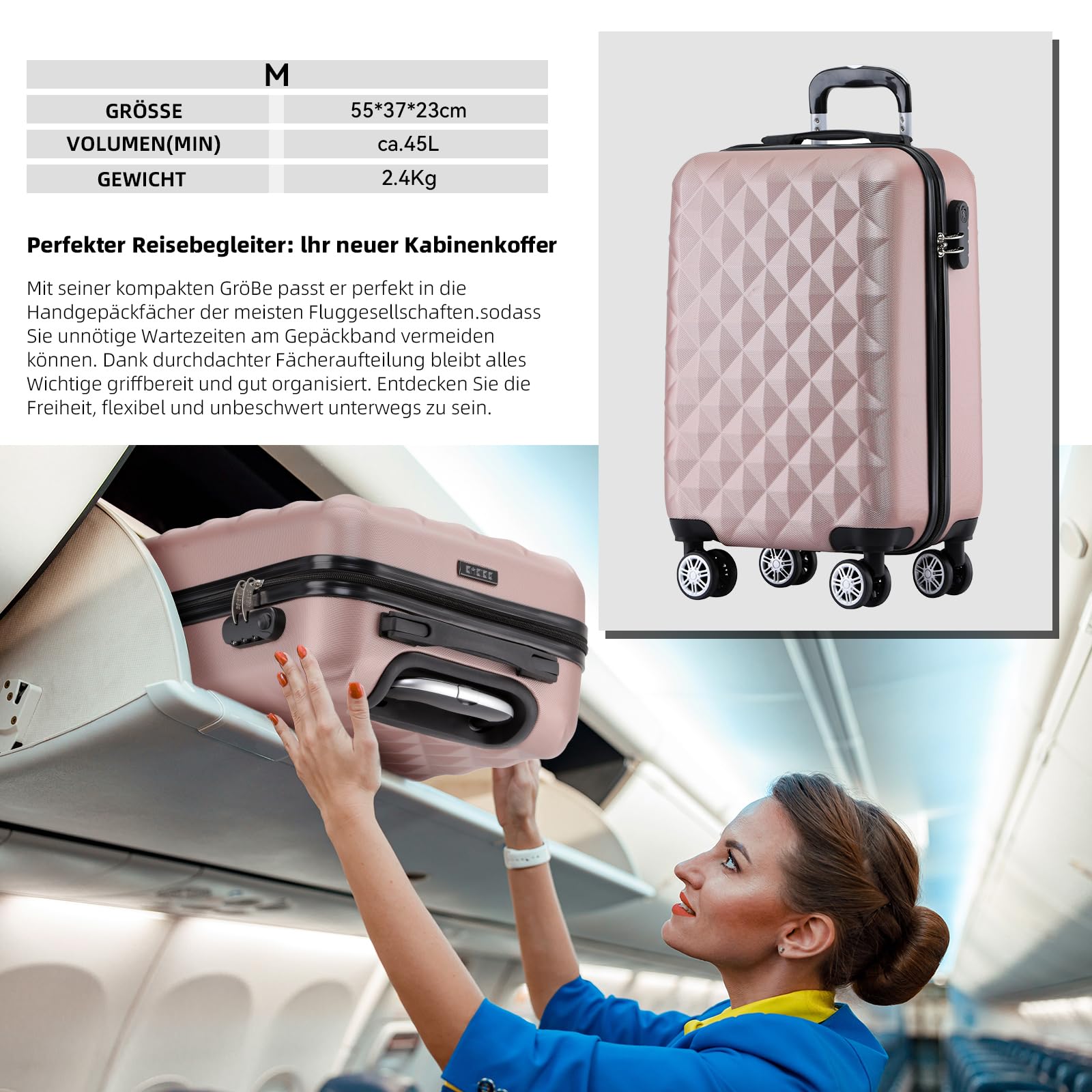 BEIBYE Zwillingsrollen 2066 Hartschale Trolley Koffer Reisekoffer Gepäck M-L-XL-Set (Rosa Gold, M)