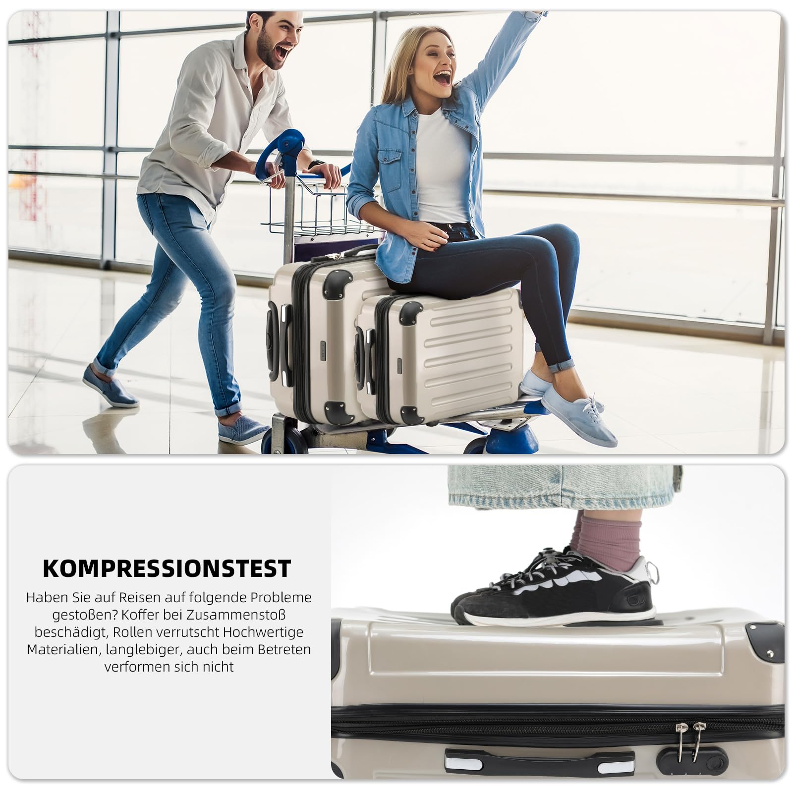 BEIBYE Hartschalen Koffer Trolley Rollkoffer Reisekoffer 4 Zwillingsrollen Polycabonat (Champagner, 76cm -110L)