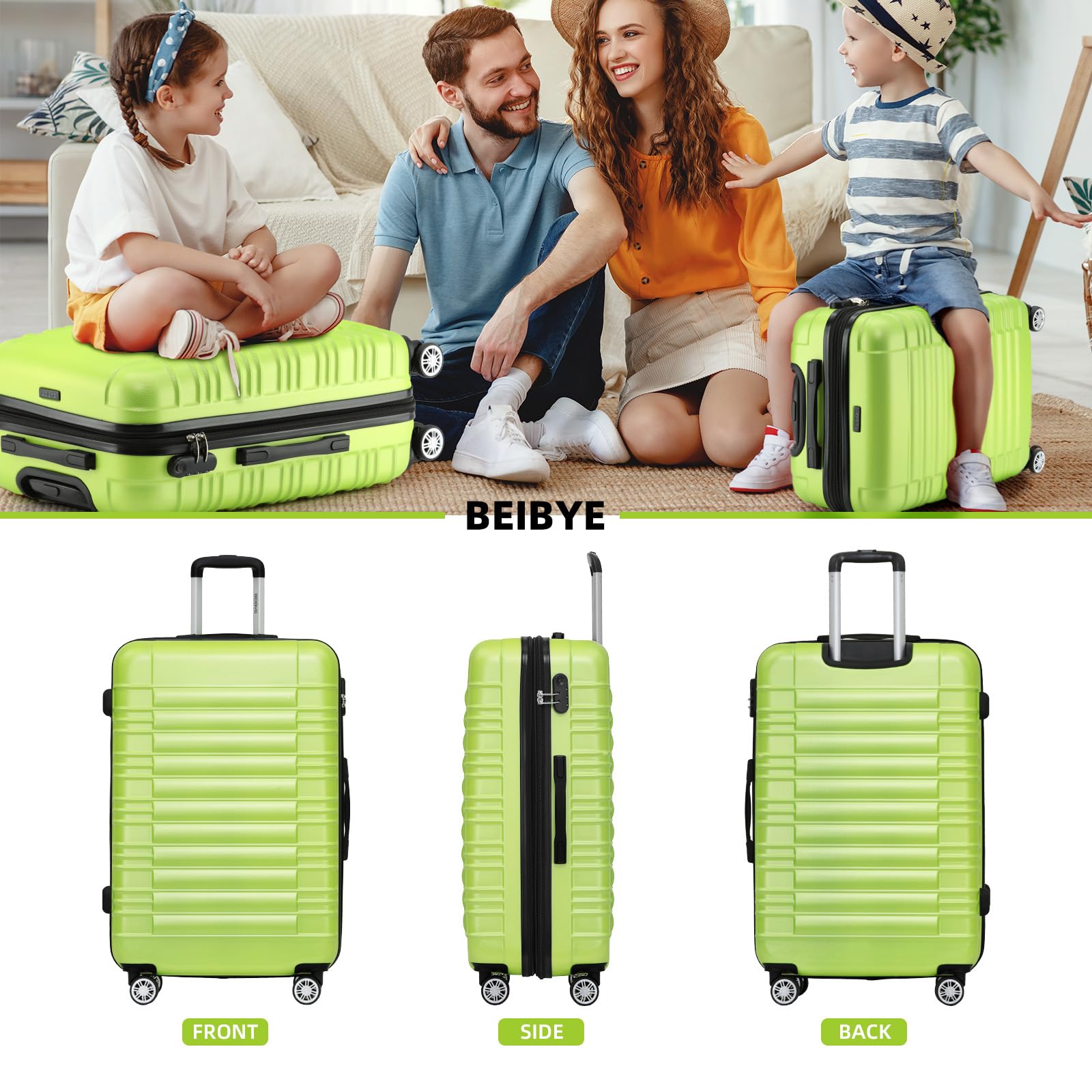 BEIBYE Hartschalen Koffer Trolley Rollkoffer Reisekoffer Zwillingsrollen Kofferset (Grün, Set)