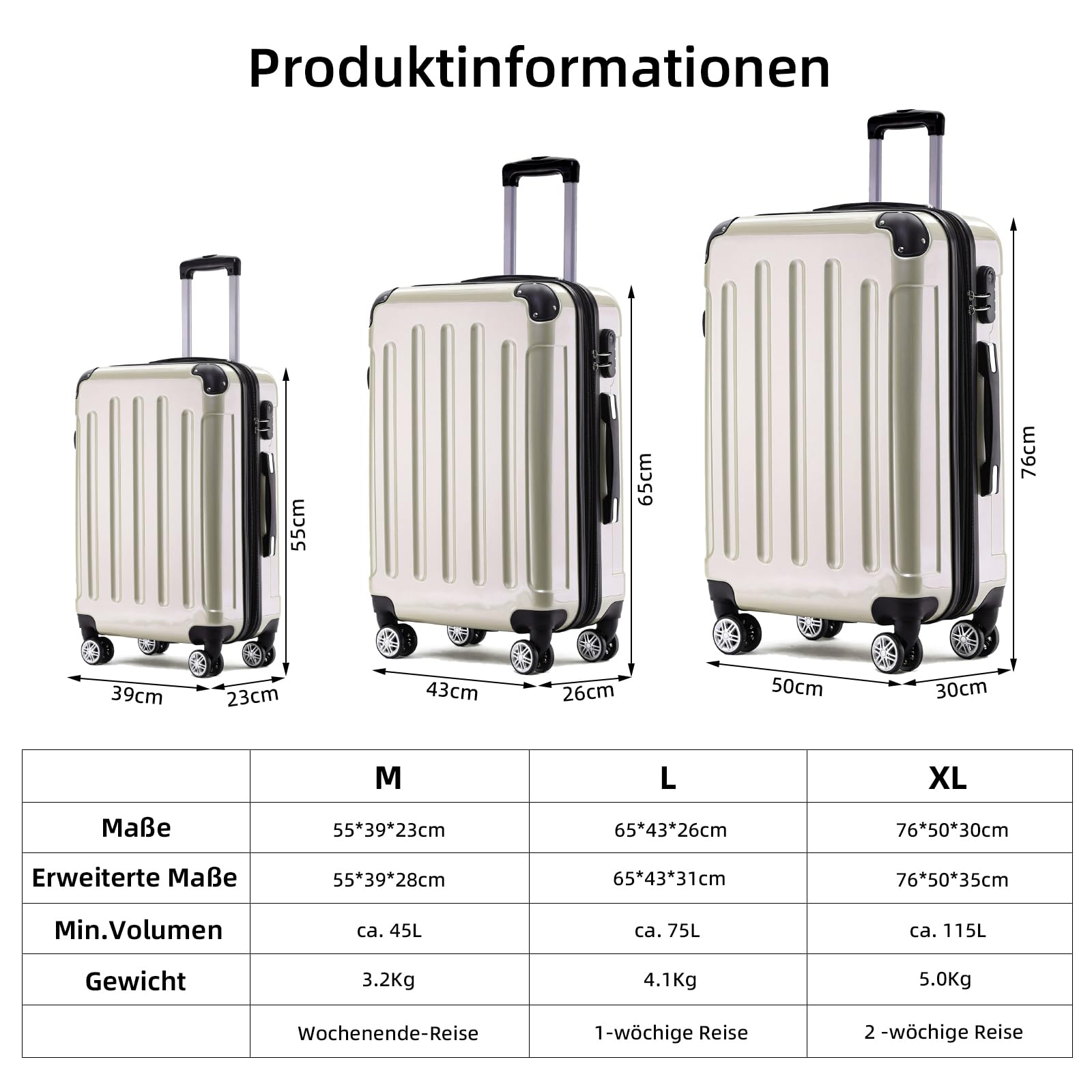 BEIBYE Hartschalen Koffer Trolley Rollkoffer Reisekoffer 4 Zwillingsrollen Polycabonat (Champagner, 76cm -110L)