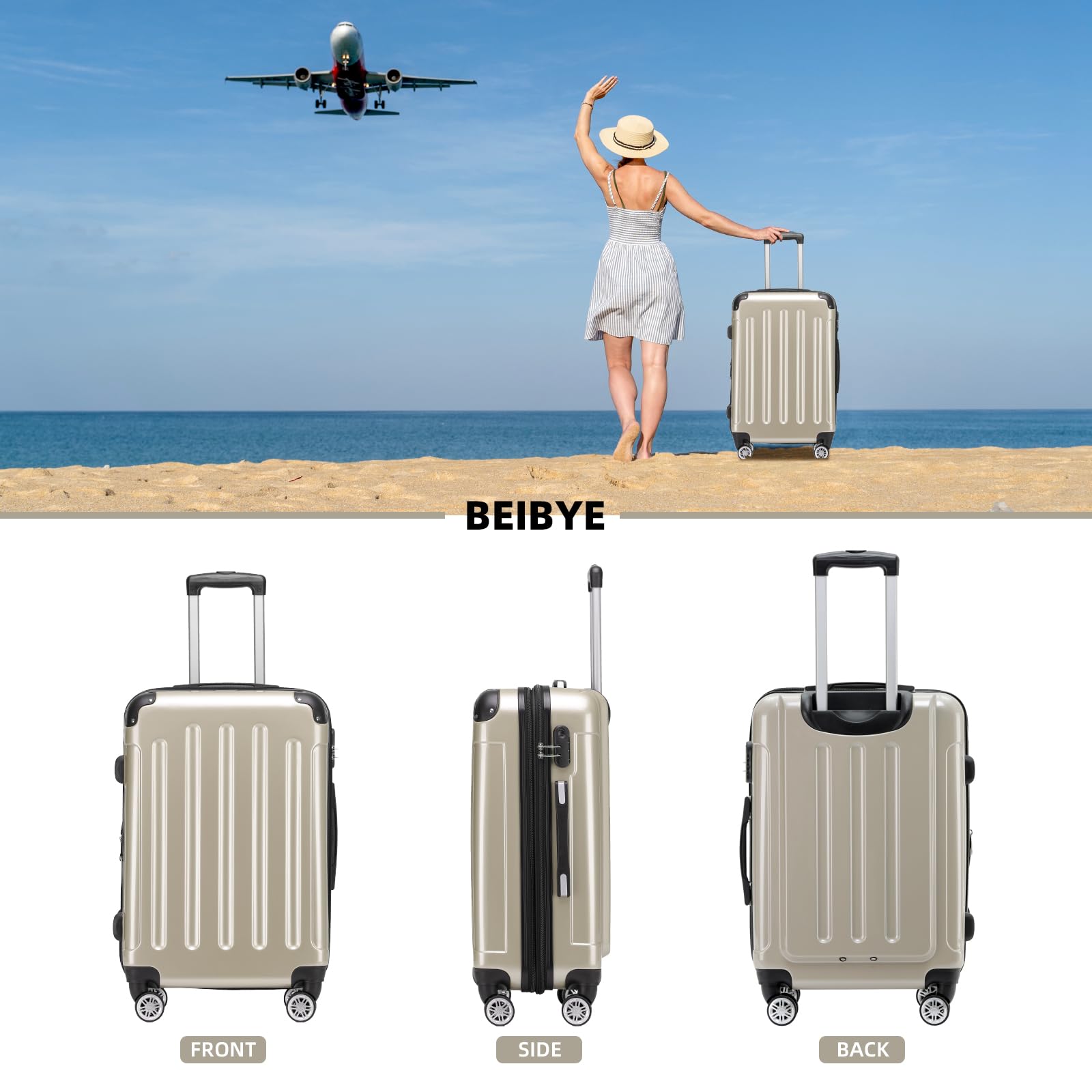 BEIBYE Hartschalen Koffer Trolley Rollkoffer Reisekoffer 4 Zwillingsrollen Polycabonat (Champagner, 76cm -110L)