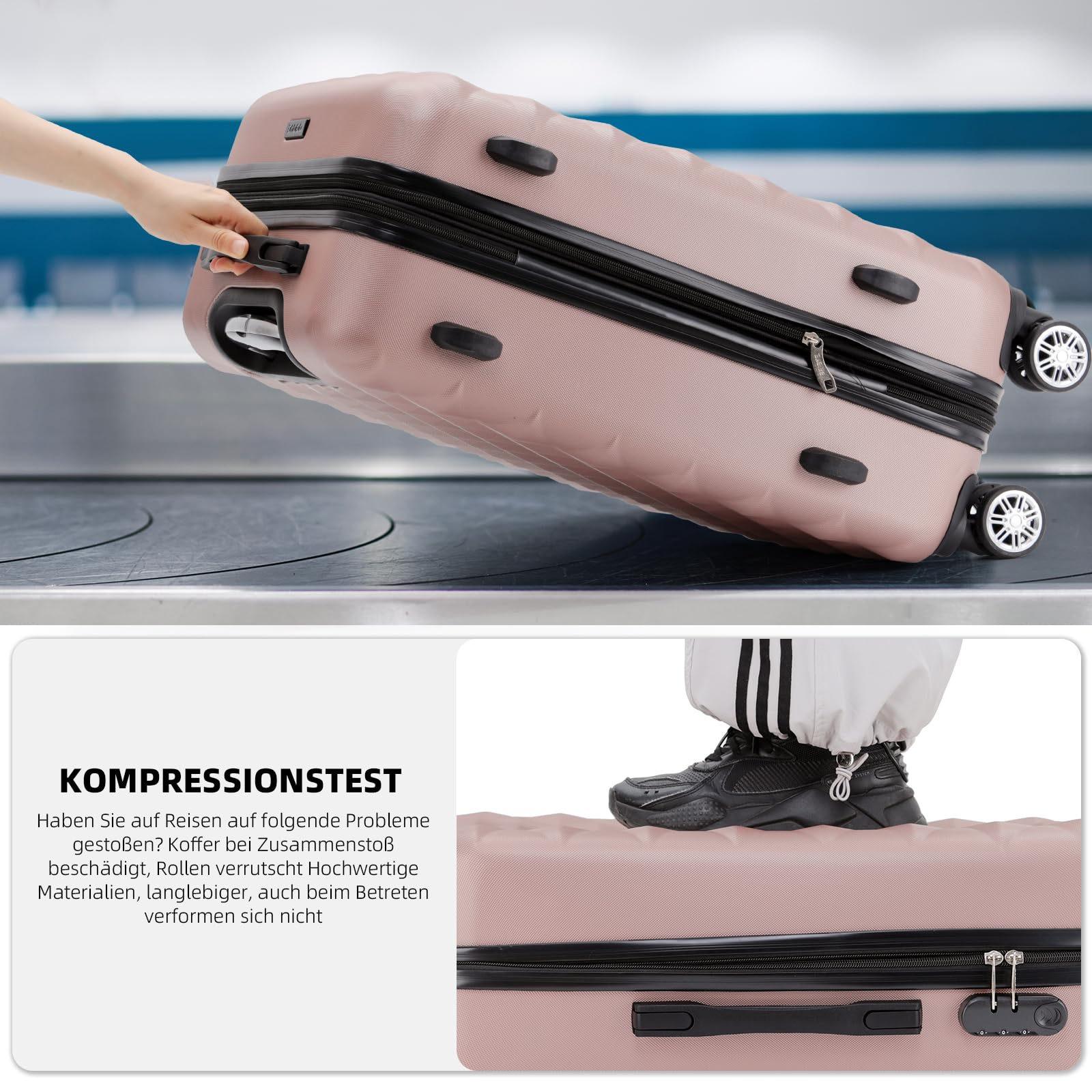 BEIBYE Zwillingsrollen 2066 Hartschale Trolley Koffer Reisekoffer Gepäck M-L-XL-Set (Rosa Gold, M)