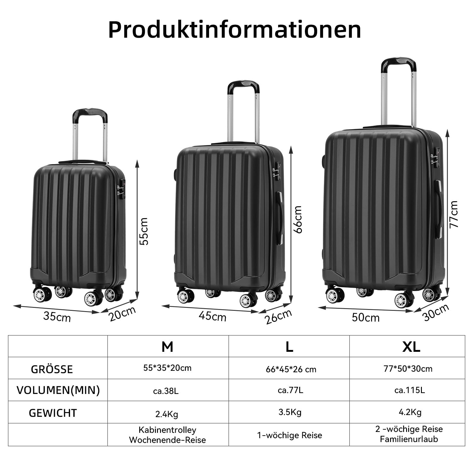 BEIBYE TSA-Schloß 2080 Zwillingsrollen 3 TLG. Reisekofferset Koffer Kofferset Trolley Trolleys Hartschale (Schwarz)