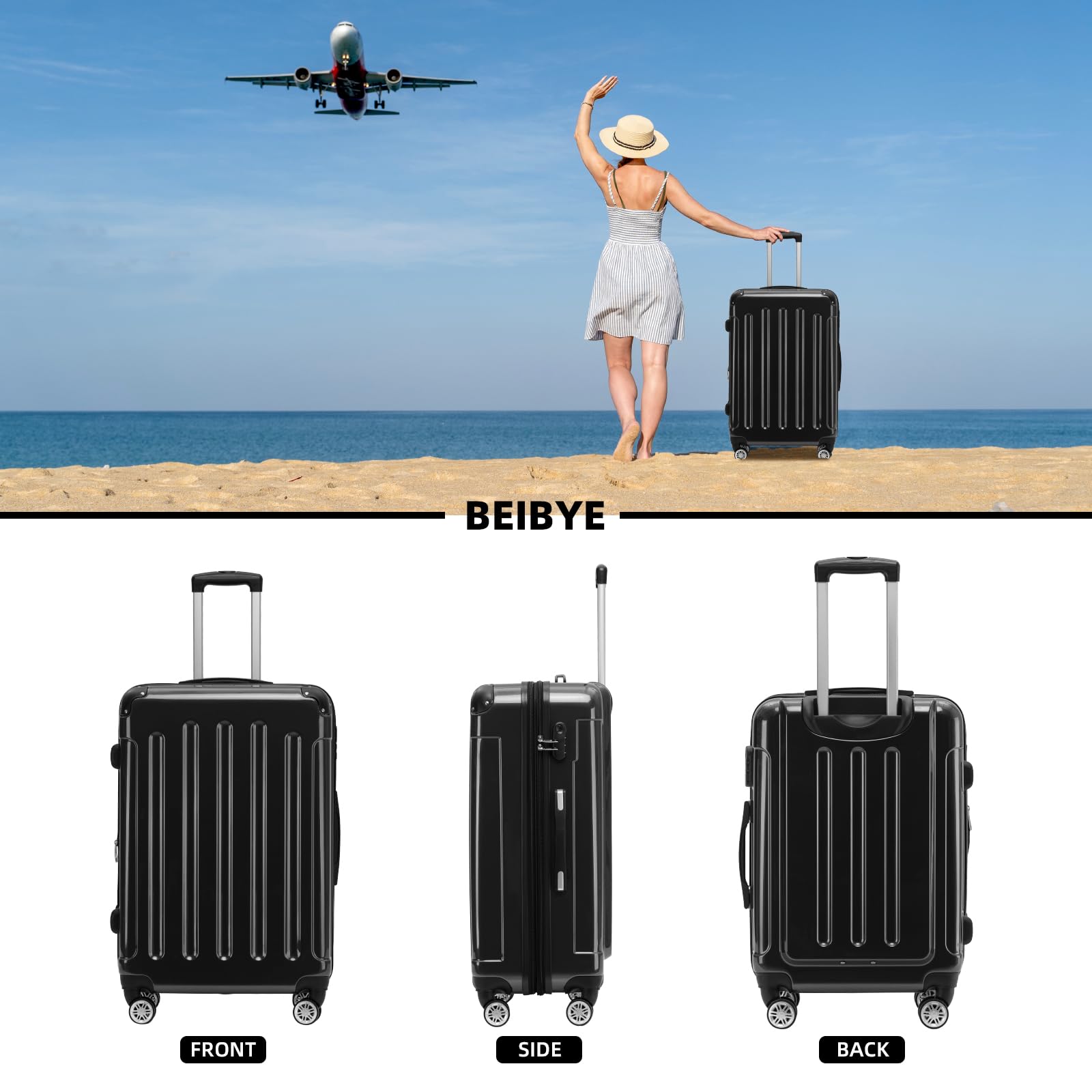 BEIBYE Zwillingsrollen 2048 Hartschale Trolley Koffer Reisekoffer in M-L-XL-Set in 15 Farben (Schwarz, L)