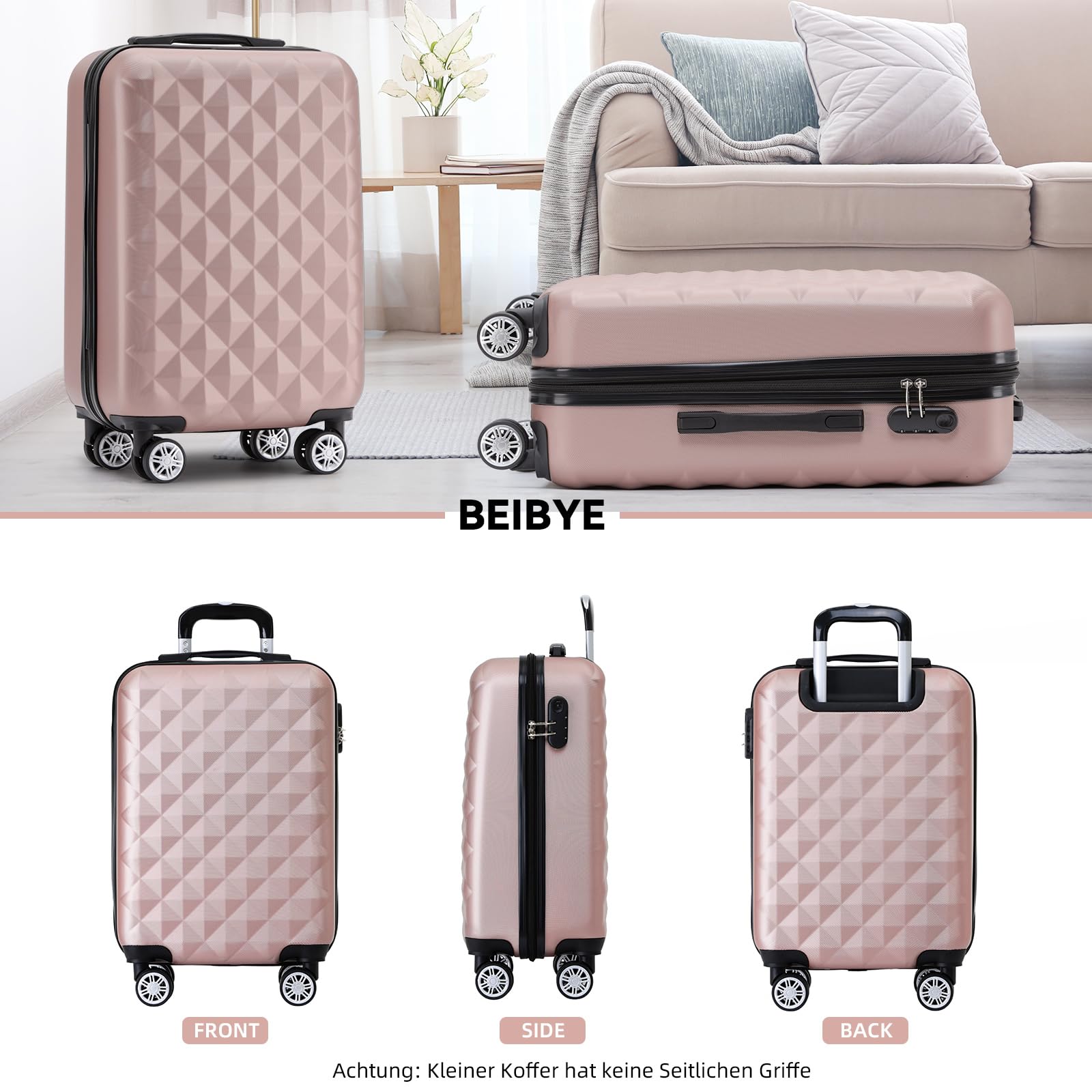 BEIBYE Zwillingsrollen 2066 Hartschale Trolley Koffer Reisekoffer Gepäck M-L-XL-Set (Rosa Gold, M)