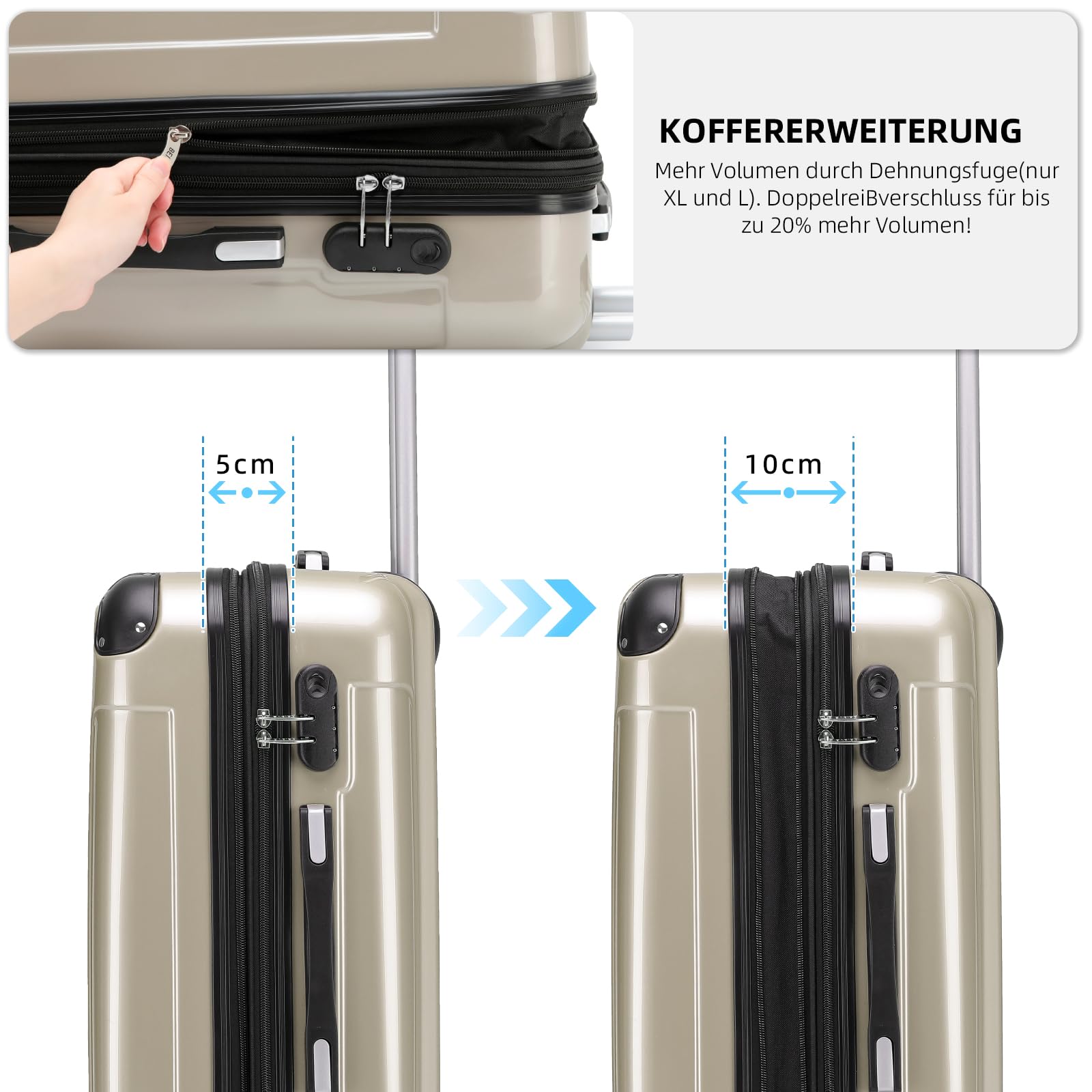 BEIBYE Hartschalen Koffer Trolley Rollkoffer Reisekoffer 4 Zwillingsrollen Polycabonat (Champagner, 76cm -110L)
