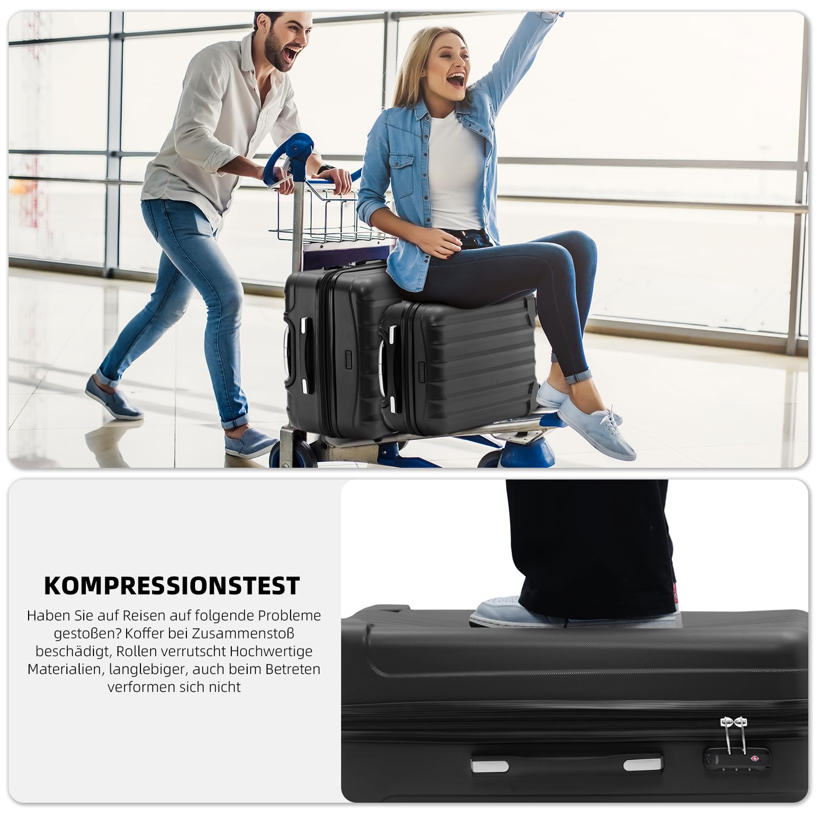 BEIBYE TSA-Schloß 2080 Gepäck Zwillingsrollen Reisekoffer Koffer Trolley Hartschale Dehnungsfuge (Schwarz, L)