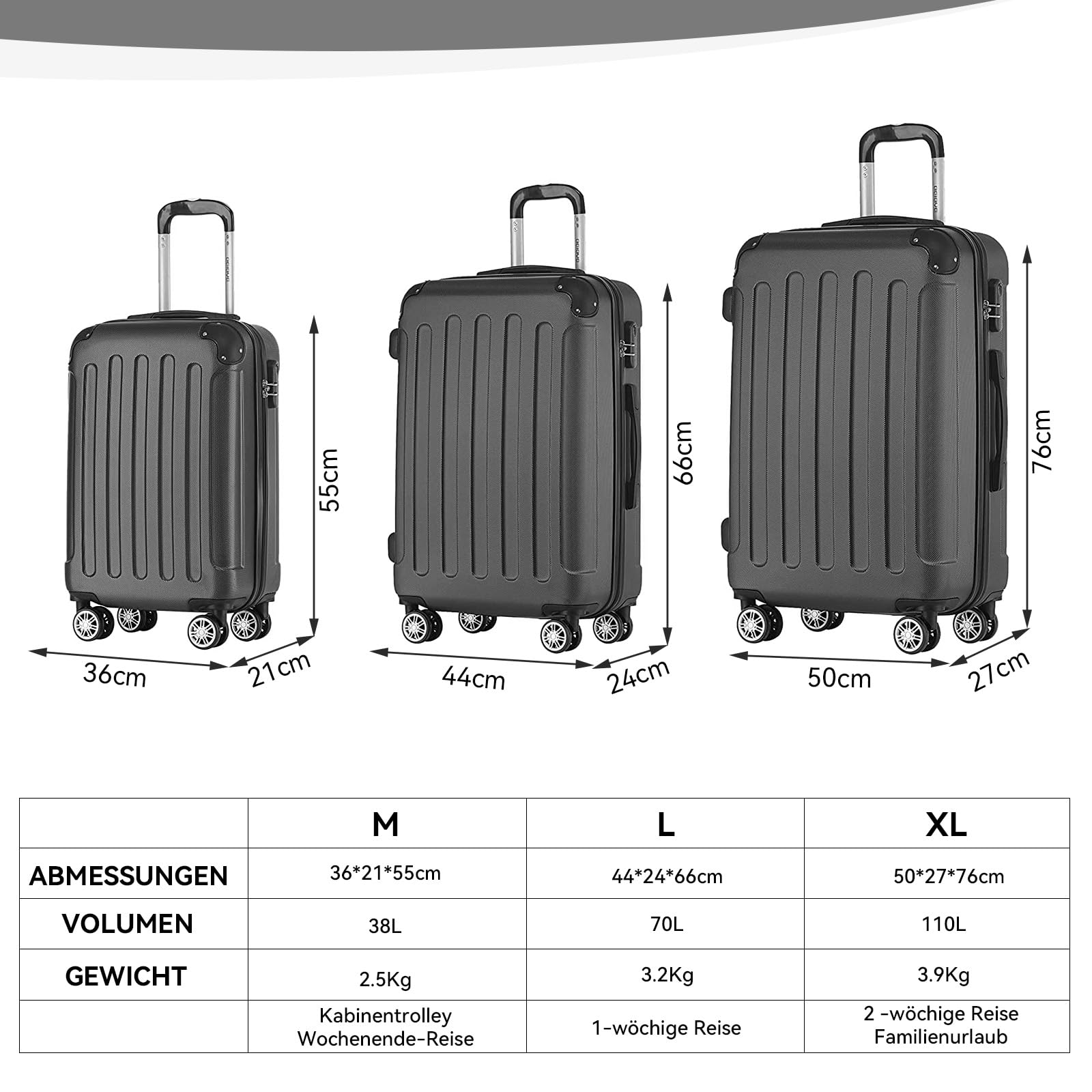 BEIBYE Hartschalen-Koffer Trolley Rollkoffer Reisekoffer Handgepäck 4 Rollen (M-L-XL-Set) (Schwarz, XL)