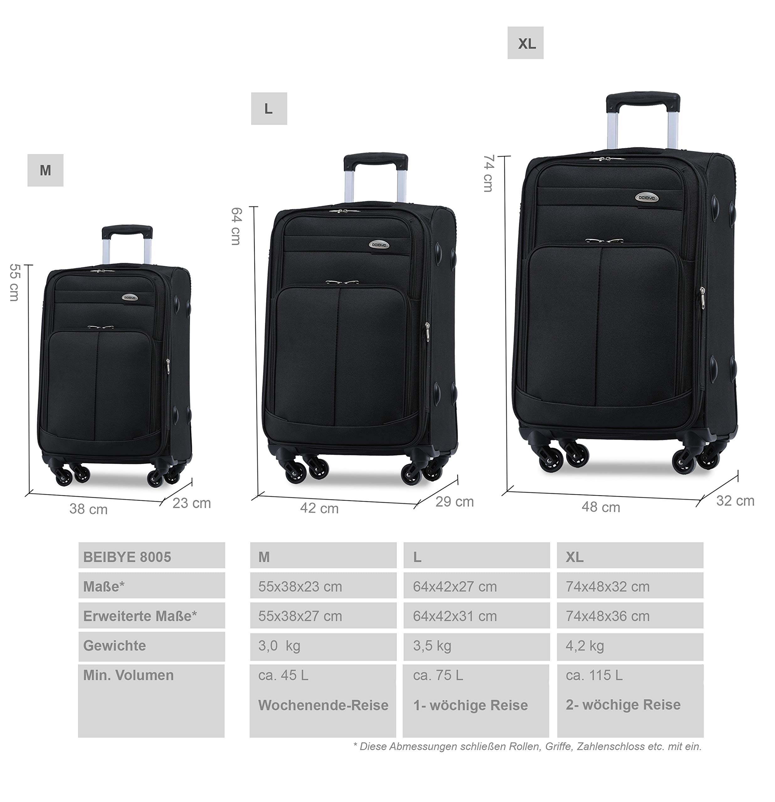 BEIBYE Leichter Stoffkoffer Kofferset Trolley Außentaschen Dehungsfuge mehr Stauraum mit Zahlenschloss (Schwarz, M-Handgepäck-54cm)