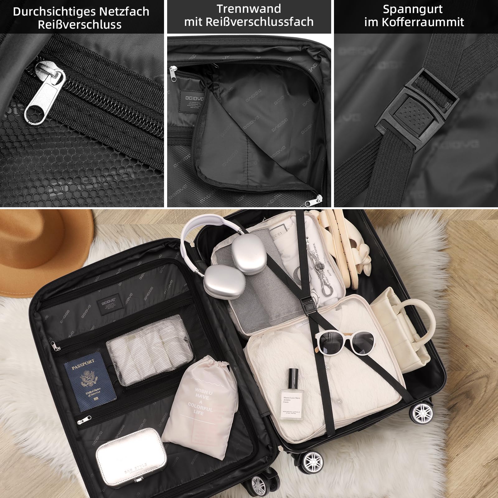 BEIBYE TSA-Schloß 2080 Gepäck Zwillingsrollen Reisekoffer Koffer Trolley Hartschale Dehnungsfuge (Schwarz, L)