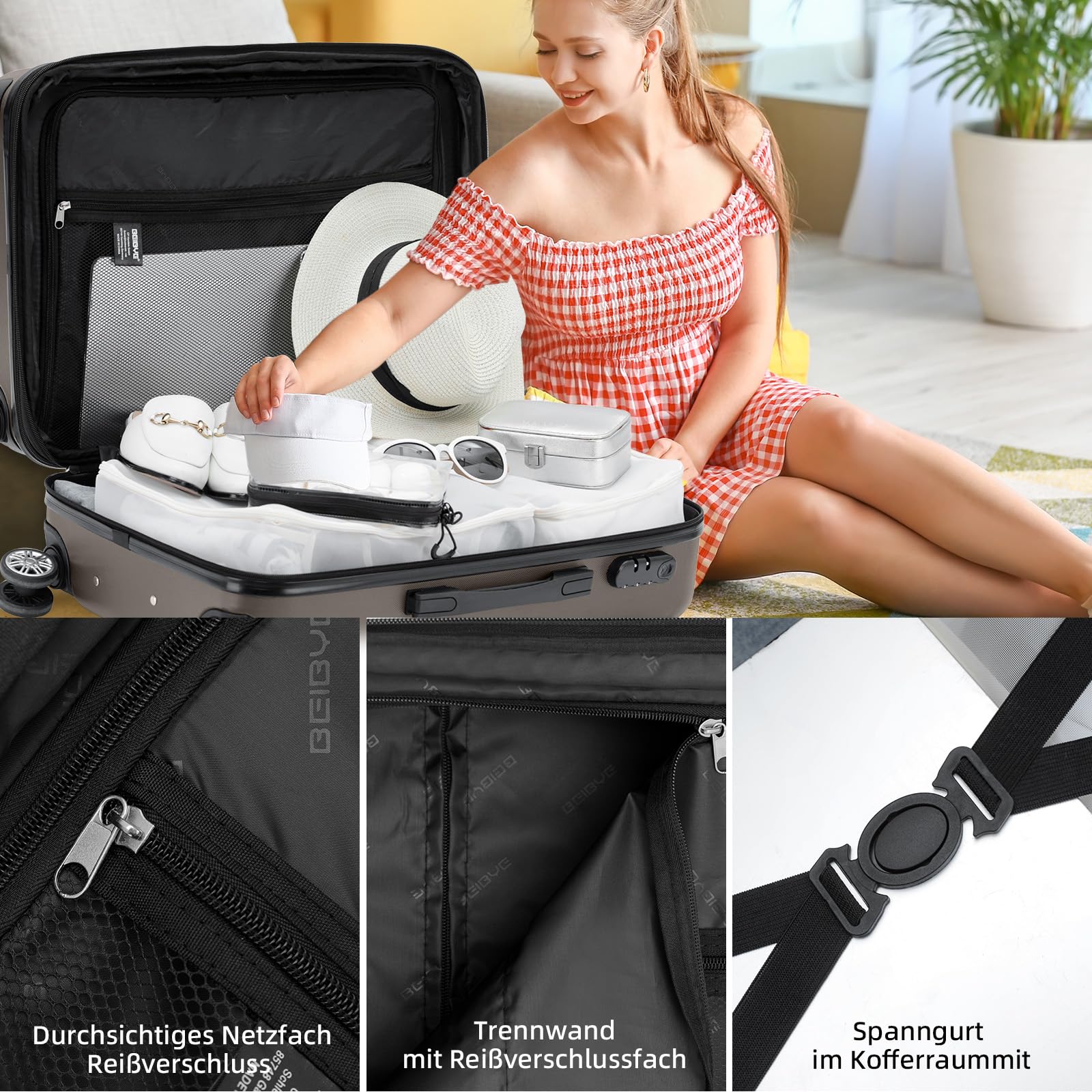 BEIBYE Trolley Koffer Reisekoffer Reisekofferset Gepäckset Kofferset 4 Zwillingsrollen Hartschale (Coffee)