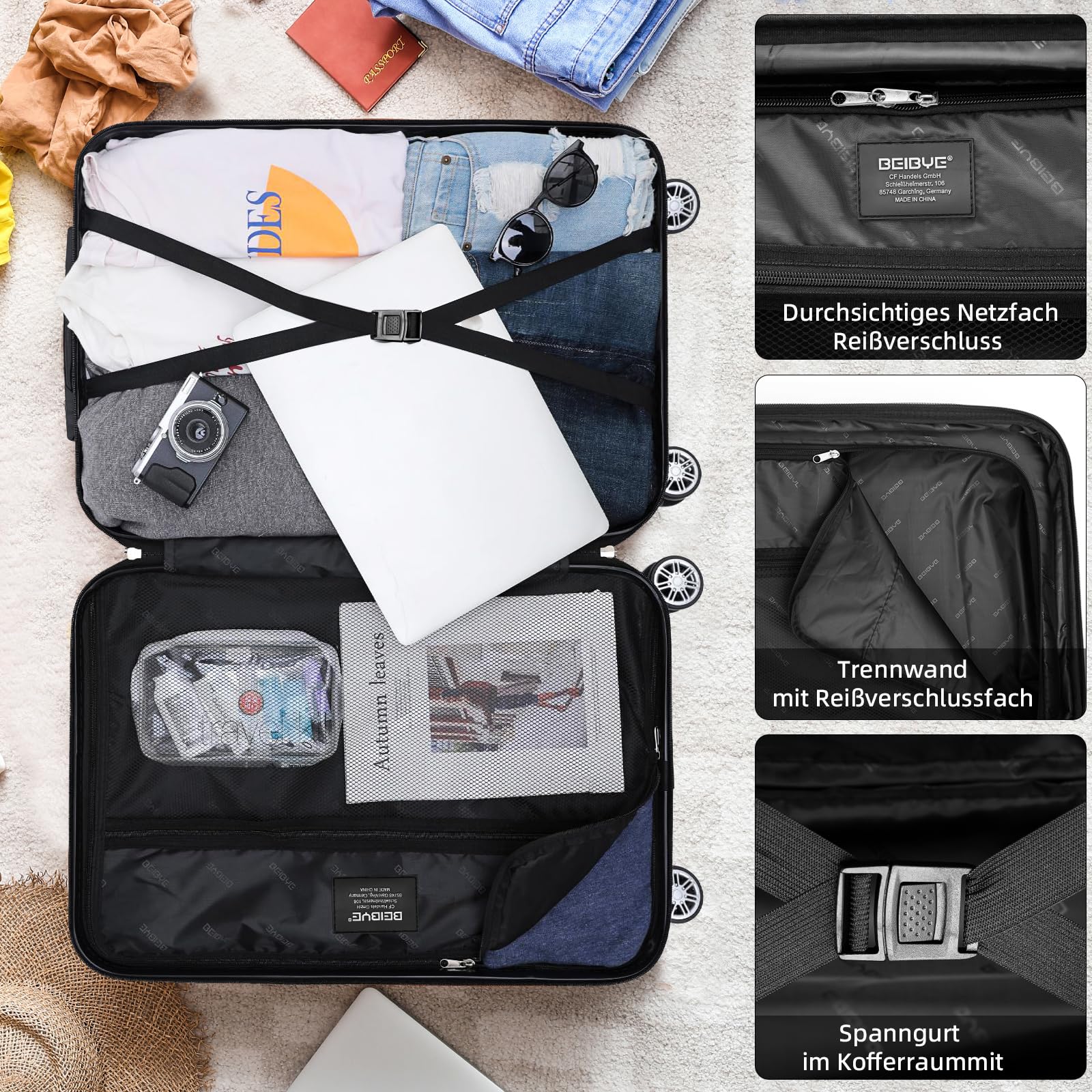 BEIBYE Zwillingsrollen 2048 Hartschale Trolley Koffer Reisekoffer in M-L-XL-Set in 15 Farben (Schwarz, L)