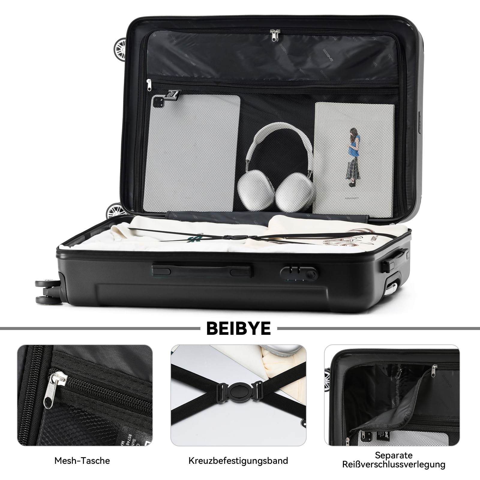 BEIBYE Hartschalen-Koffer Trolley Rollkoffer Reisekoffer Handgepäck 4 Rollen (M-L-XL-Set) (Schwarz, XL)