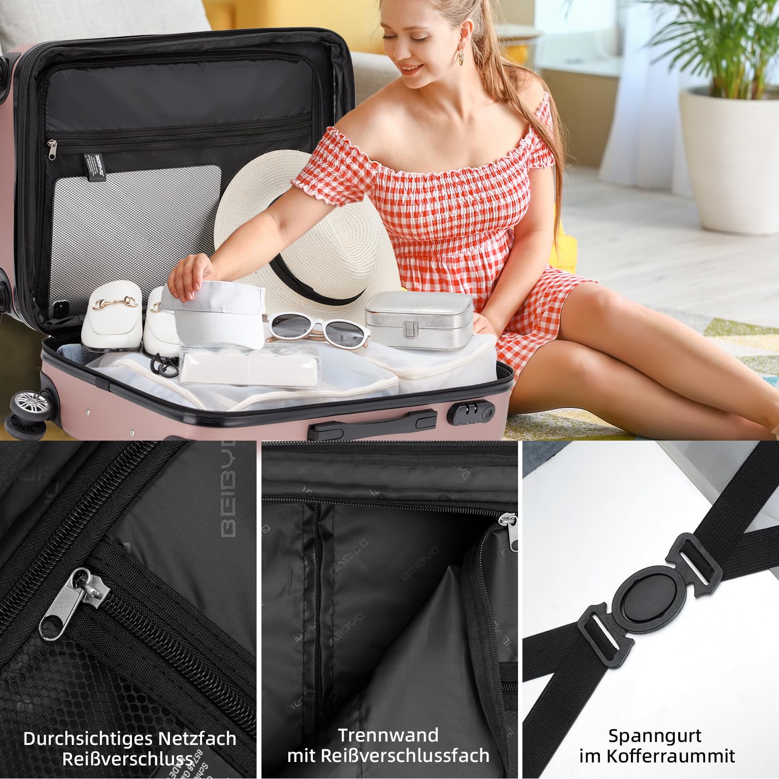 BEIBYE Zwillingsrollen 2066 Hartschale Trolley Koffer Reisekoffer Gepäck M-L-XL-Set (Rosa Gold, M)