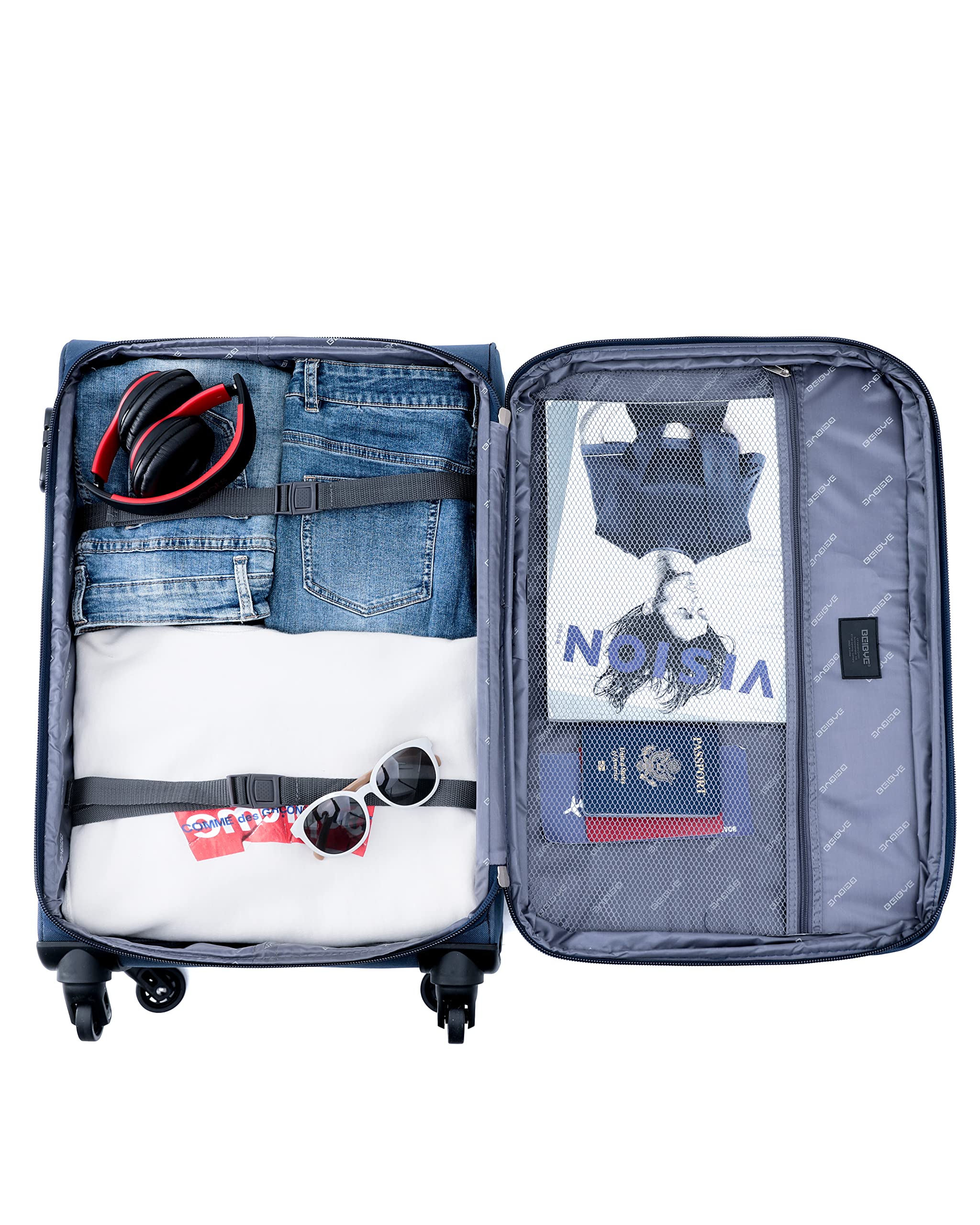 BEIBYE Leichter Stoffkoffer Kofferset Trolley Außentaschen Dehungsfuge mehr Stauraum mit Zahlenschloss (Schwarz, M-Handgepäck-54cm)